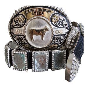 Montana Silversmiths Reserve Champion Steer Belt Buckle Rhinestone Studded Belt